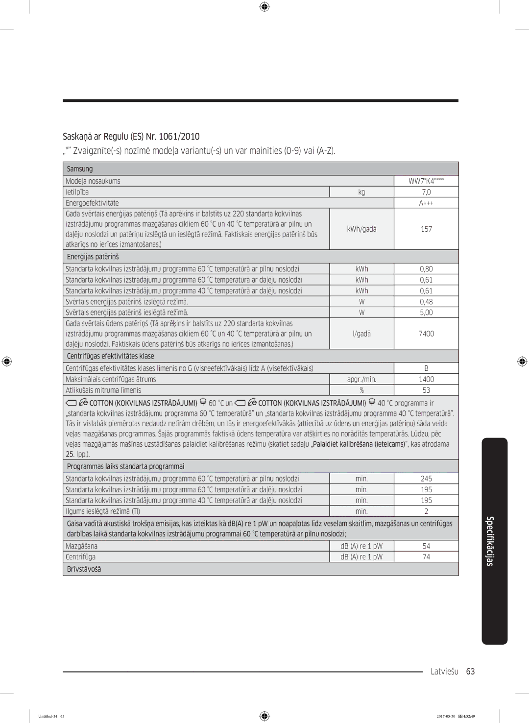 Samsung WW80K44305W/LE, WW70K44305W/LE, WW80K44305X/LE, WW90K44305W/LE manual Latviešu 63  